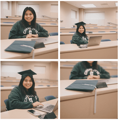 Luci Flores wearing her graduation cap and sitting in a classroom.